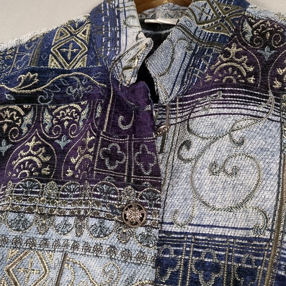 Dressbarn Jacquard Tapestry Jacket SZ 14/16 Blue Silver Fleur de Lis Print - Picture 2 of 7